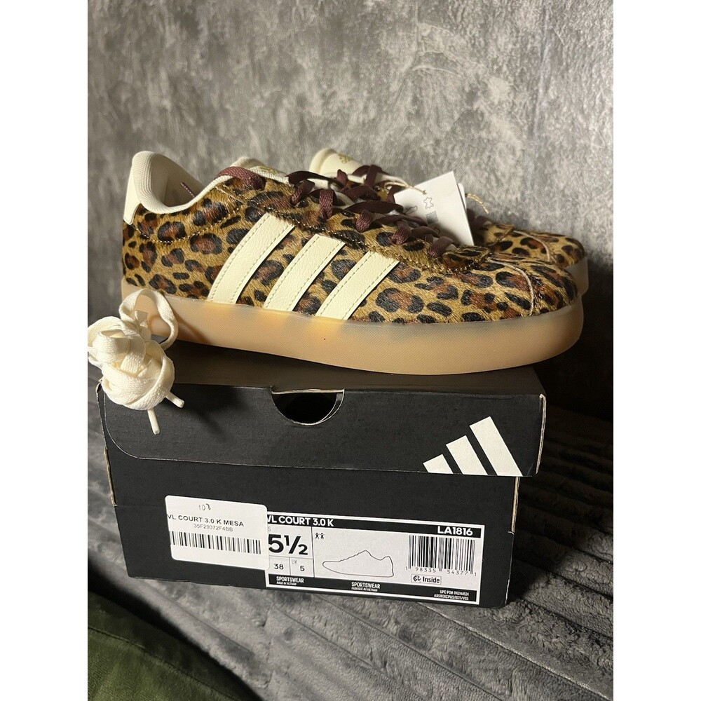 Adidas VL Court 3.0 K Leopard Calf Hair Shoes 5.5Y Women 7    New In Box
